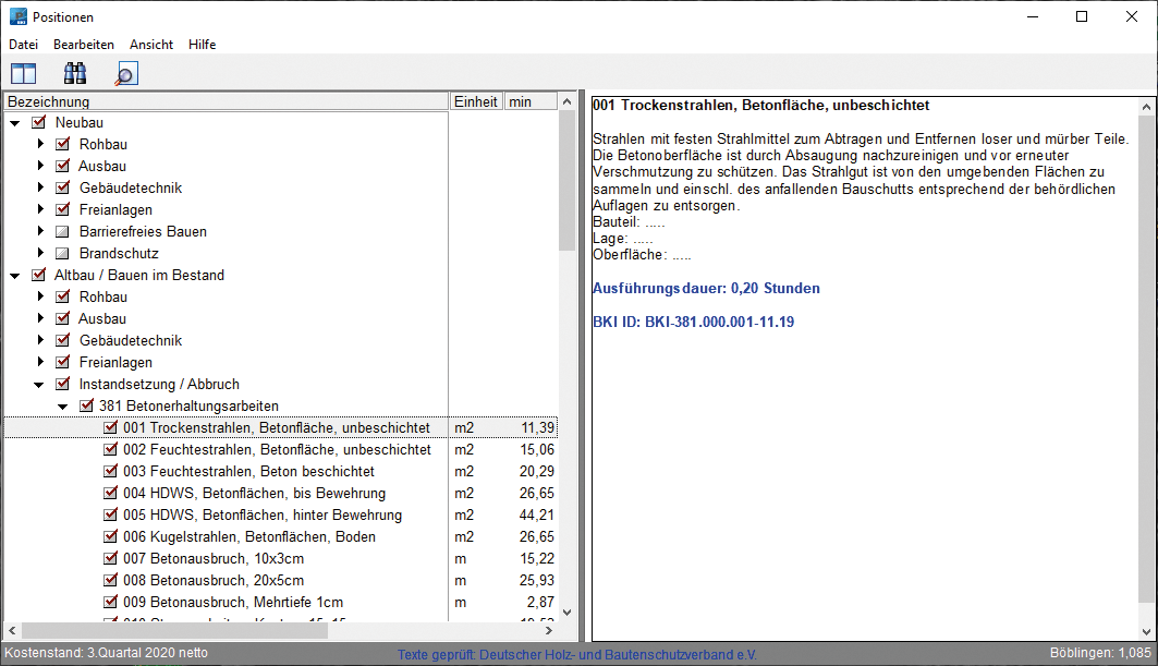 Positionen 12 Positionsauswahl